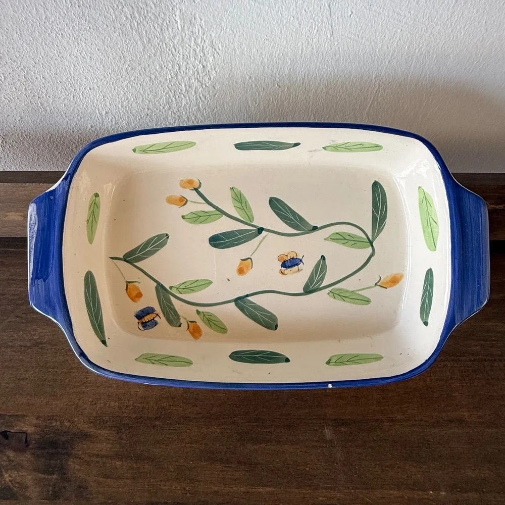 Floral Ceramic Baking Dish‎ Blue Rim Rectangular Casserole Dish 12